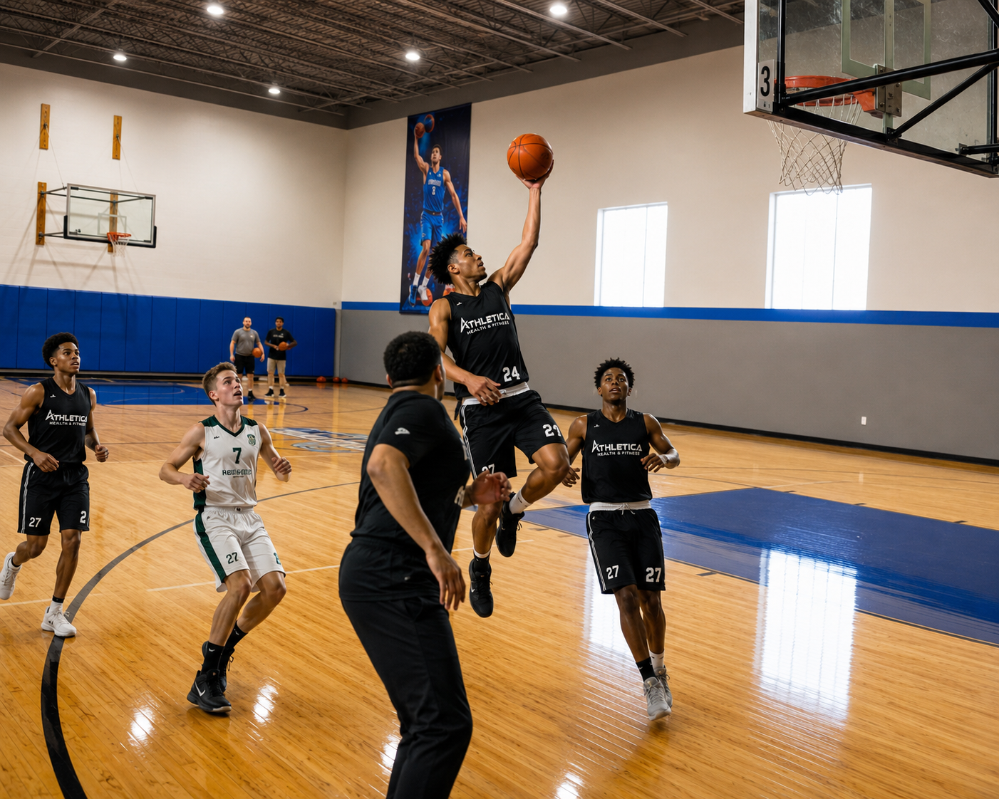 Athletica basketball players competing on an indoor court